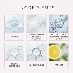 Ingrediëntenoverzicht in zes vakken met water, schuim, bellen, heldere druppels en citroen