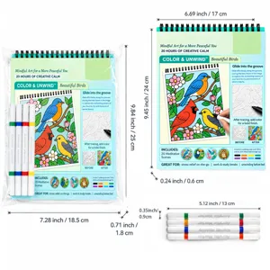 Vue d’ensemble d’un livre de coloriage d’oiseaux, huit feutres, emballage et dimensions
