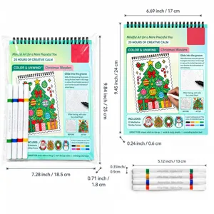 Présentation d’un livre de coloriage de Noël à spirale, avec quatre marqueurs et dimensions