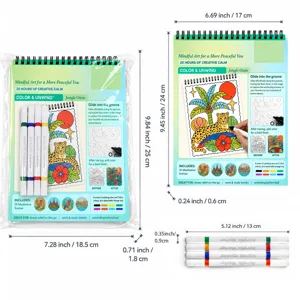 Vue du kit avec scènes de jungle à colorier, huit feutres et dimensions notées sur l'emballage
