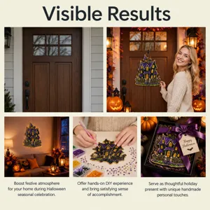 Halloweenkasteel aan een deur, met strassversiering in het maakproces, als kamerdecoratie en in een geschenkdoos
