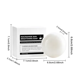 White translucent round soap displayed beside its carton on a plain background, with size markings