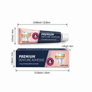 White-background view of a blue and pink adhesive tube and box, with dimensions marked beside them.