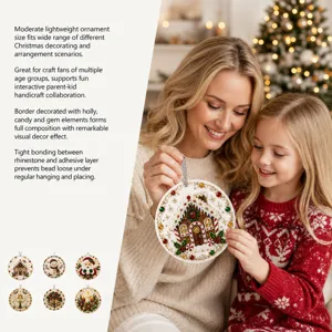 A woman and child hold a jeweled gingerbread-house ornament beside a glowing Christmas tree