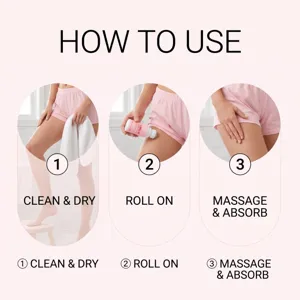 Guía de uso en tres pasos: limpiar y secar la piel, aplicar el roll-on rosa y masajear
