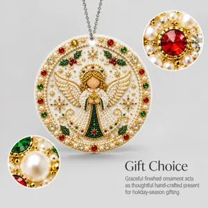 Close-up details of pearl and jewel accents on a beaded angel ornament with red and green gems