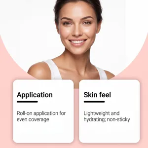 Mujer sonriente y tarjetas: aplicación roll-on uniforme, hidratante y nada pegajosa