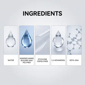 Ingredienti illustrati: acqua, silicone amminico, copolimero di etilene e struttura molecolare