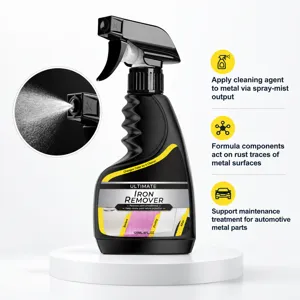 Zwarte sprayflacon met metaalreiniger, sproeikop in close-up en pictogrammen voor auto-onderhoud