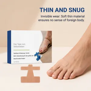 Foot shown wearing a thin beige adhesive toe support patch beside a 30-piece box and loose patches