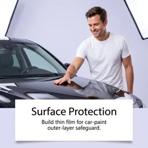 Un hombre toca suavemente el capó negro brillante junto al mensaje sobre protección de la pintura