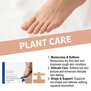 Close-up of a beige T-shaped adhesive toe support on a foot, with care claims and packaging
