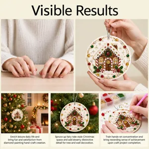 Collage of a jeweled gingerbread house ornament, hands crafting it, and Christmas tree display