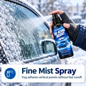 A hand sprays fine mist from a bottle onto a frosted car window in a snowy winter scene
