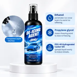Detail view of a 100 ml black de-icing spray bottle with transparent liquid and ingredient cards