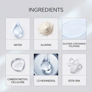 Ingrediëntentabel met zes vakken: water, aluminiumoxidepoeder, heldere gel, druppels en kristallen