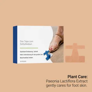 Foot care adhesive pads beside the package, with a sandal-clad big toe and a 30-piece label