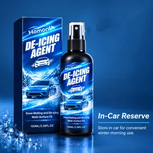 De-icing spray bottle and box displayed against a blue icy backdrop with water droplets