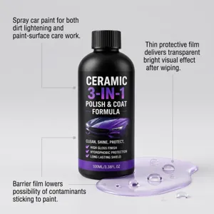 Botella negra junto a líquido violeta y gotas, con recubrimiento protector para pintura de coche