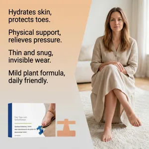 Woman seated barefoot, displaying discreet beige toe patches beside the product box