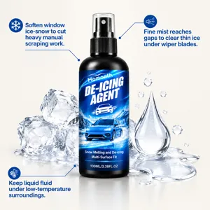 Black spray bottle with blue label, ice cubes and water droplets on a clean white background