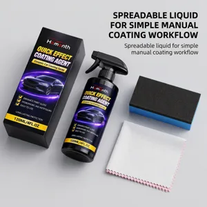 Conjunto con spray, caja negra, esponja aplicadora azul y negra y paño de microfibra con borde rosa