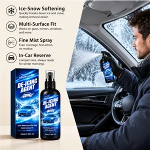 Split view of de-icing spray packaging and a driver applying mist to a frost-covered car window.