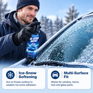 Winter scene of a gloved man spraying a frosted windshield, with ice-softening benefit cards