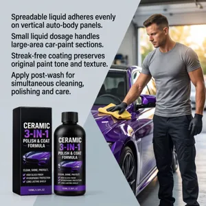 Un hombre limpia un coche morado con un paño amarillo, junto al frasco y su caja