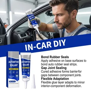 Un mecánico con guantes aplica sellador de un tubo dentro del coche, junto a la caja del producto.
