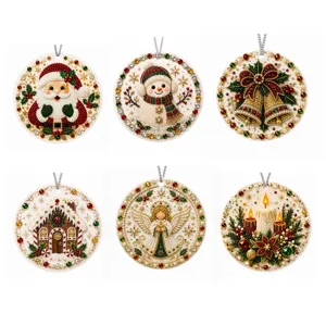 Six round Christmas diamond art ornaments with festive designs and silver hanging chains