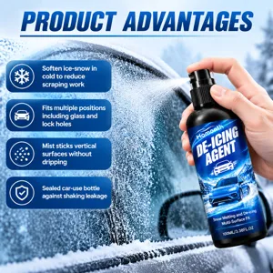 Automotive de-icing spray in a black and blue 100 ml bottle, held beside an icy windshield