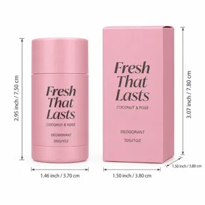 Stick déodorant rose parfum coco et rose, présenté avec son étui et les dimensions visibles