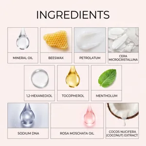 Tableau des ingrédients : huile minérale, cire d’abeille, vaseline, menthol, huile de rose et coco