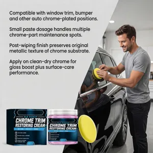 Een man poetst de chromen raamrand van een auto met een gele spons, naast potje en verpakking