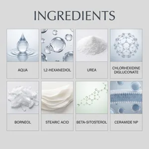 Übersicht mit acht Inhaltsstoffen der Nagelpflegeformel, darunter Wasser, Urea und Ceramid NP