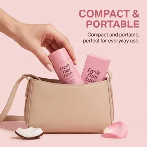 Une main glisse un déodorant rose parfumé à la noix de coco et à la rose dans un sac beige