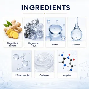 Vista de ingredientes: jengibre, PCA de magnesio, agua, glicerina y otros componentes de la fórmula