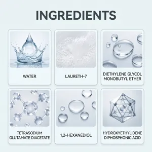 Seis recuadros muestran agua, Laureth-7 y otros ingredientes de la fórmula limpiadora