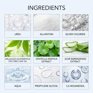 Neunfeldrige Übersicht mit Urea, Allantoin, Silberchlorid, Pflanzenextrakten und Feuchthaltemitteln