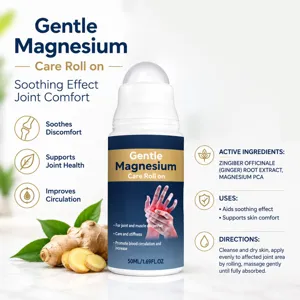 Infografía del roll-on de magnesio, con ingredientes, modo de uso y trozos de jengibre fresco