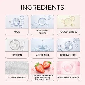 Rosafarbene Zutatenübersicht mit neun Komponenten und Illustrationen von Wasserblasen und Erdbeeren