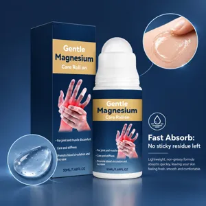 Roll-on de magnesio con caja y detalles del gel transparente sobre fondo azul oscuro