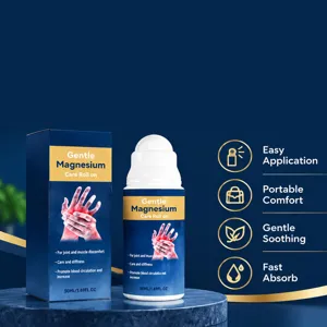 Frasco roll-on de magnesio y caja sobre una base oscura, junto a cuatro iconos dorados de beneficios
