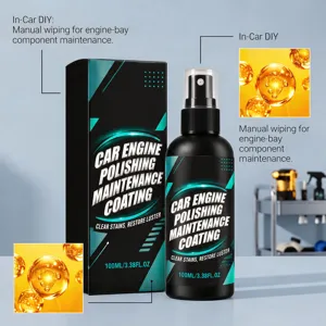 Envase pulverizador y caja de cuidado del motor, con gotas doradas y herramientas borrosas