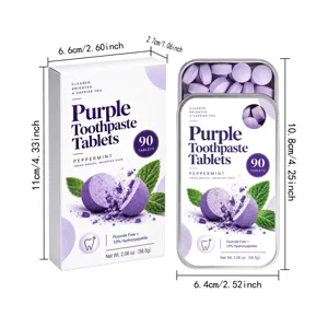 White carton and open metal tin display purple tablets, mint leaves, and a 90-tablet label