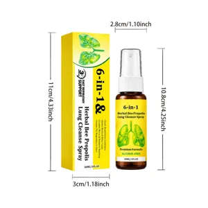 Brown 30 ml spray bottle with yellow carton packaging, shown beside height and width measurements