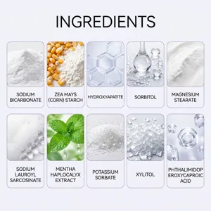 Ingredient chart showing ten toothpaste tablet components, including mint extract, xylitol and minerals