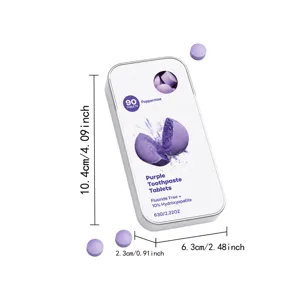 Silver tin with purple tablets, loose pieces and size labels on a white background