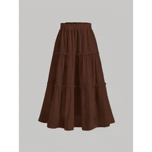 Women High Waist Maxi Skirt Tiered Layered A-Line Long Skirt Polyester Solid Color Retro Elastic Waist Daily Vacation Bottom